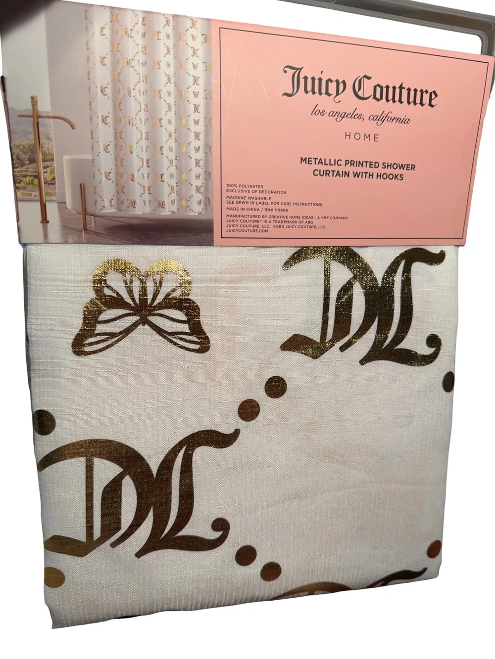 Juicy Couture LA NWT White Cloth Shower Curtain with Gold JC Logo & 12 Hooks